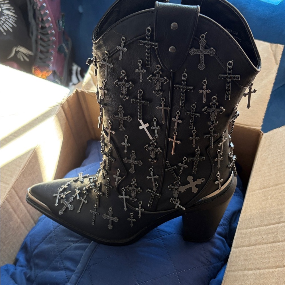 Dolls Kill Black Cross Embellished Heeled Boots